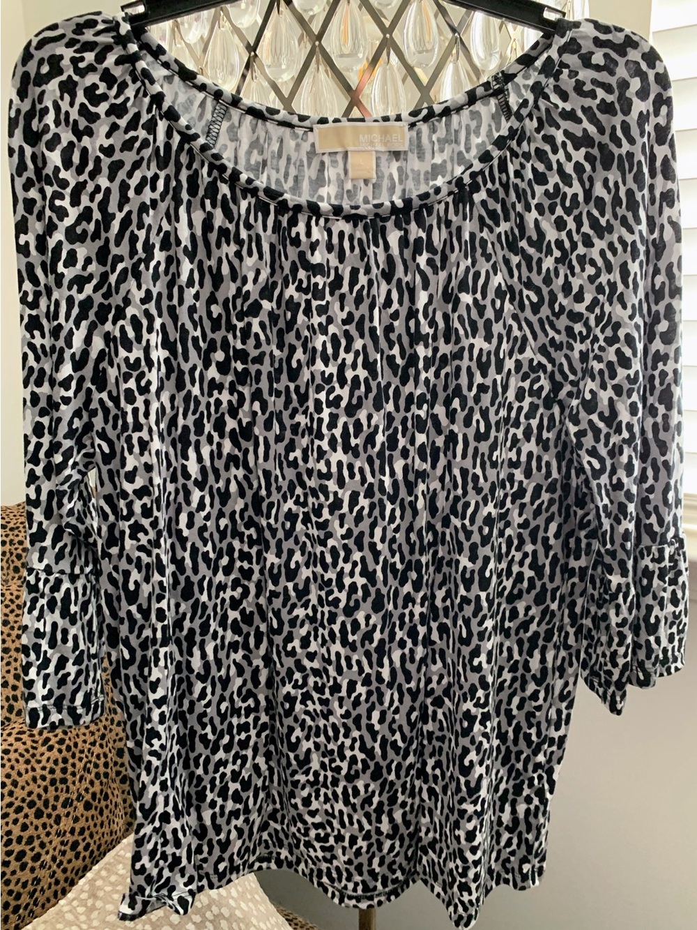 Michael Kors Black and White Leopard-Print 3/4 Sleeve Top